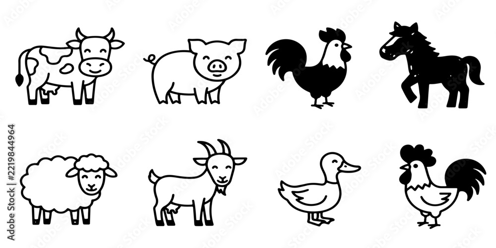 Obraz premium Farm Animals Collection Vector Set with Black Silhouettes and Cartoon Icons of Cows, Pigs, Sheep, Horses, Chickens, Ducks, Rabbits, Cats and Dogs