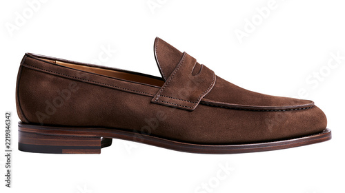 Obraz na plátně Classic dark brown suede leather penny loafer shoe with stacked wooden heel