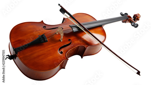 Polished wooden cello with horsehair bow resting on strings