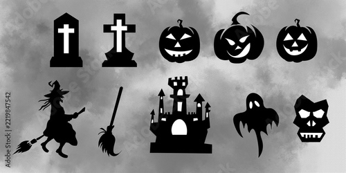 Halloween Spooky Element Silhouette Set with Haunted Castle and Ghost and Pumpkins
