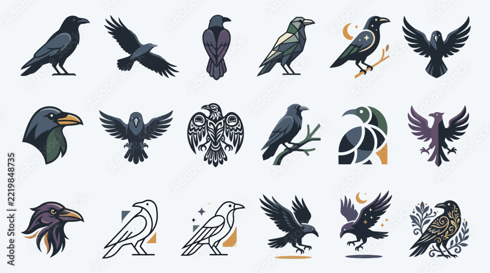 Fototapeta premium Collection of minimalist black raven and crow icons.
