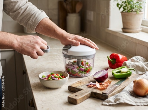 Hands operating vegetable chopper 