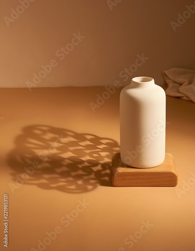 Plain Ceramic Object Casting a Soft Knitted Shadow Instead of a Solid Silhouette, Surreal Minimalist Light and Texture Concept