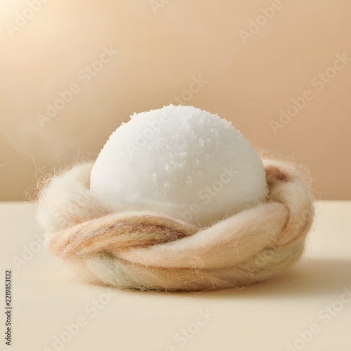 Perfect Compact Snowball Resting Inside a Softly Woven Wool Nest Without Melting, Surreal Winter Still Life Concept