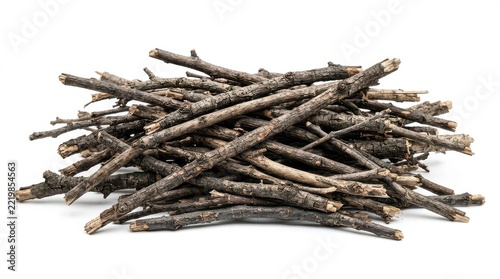 Pile of Natural Dry Tree Twigs and Small Branches for Kindling Isolated on White Background