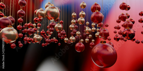 Cascading 3D Christmas decorations on long golden strings