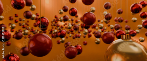 Wide festive banner of 3D Christmas baubles with a gold sphere