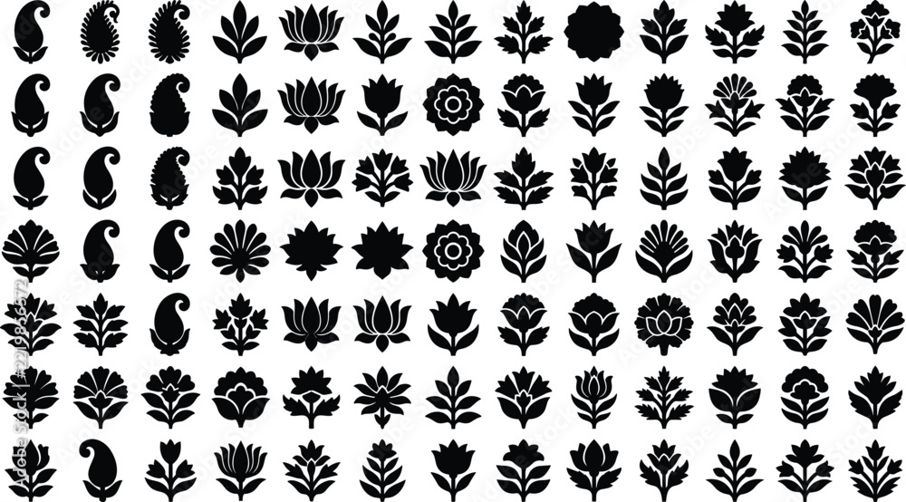 Fototapeta premium Black Silhouette Floral Motif Collection with Paisley, Lotus, Leaf and Flower Ornament Shapes