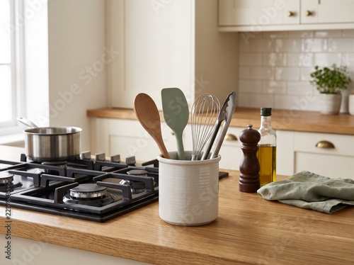 Utensils arranged in kitchen crock