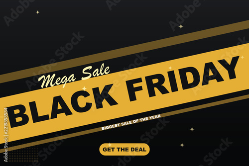 Black friday mega sale design with bold golden stripes and dark elements for retail promotion.