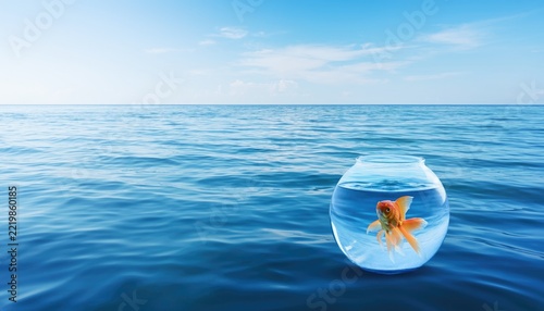 Goldfish in a Bowl Floating in the Vast Ocean Under a Clear Blue Sky.
