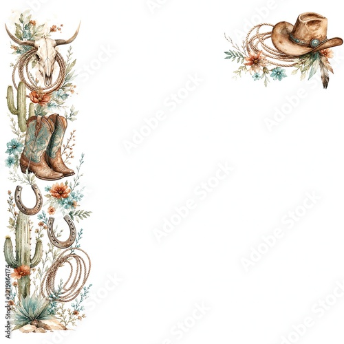 Watercolor Western Left Side Border With Boots And Corner Hat