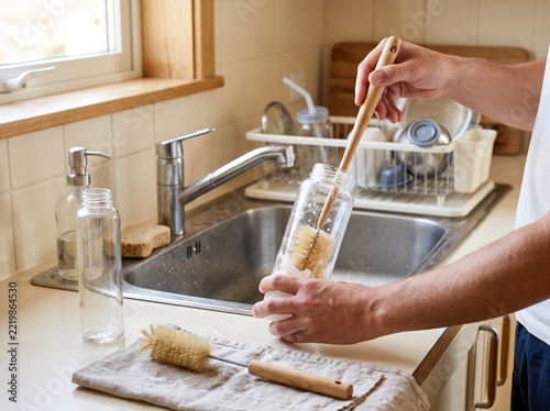 Cleaning reusable bottle with brush
