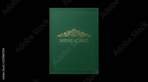 Elegant green menu card with gold foil ornament isolated on