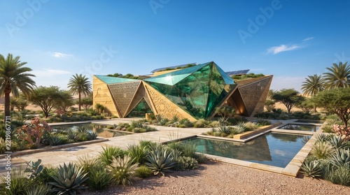 Futuristic geometric pavilion with green glass and golden structures in desert oasis