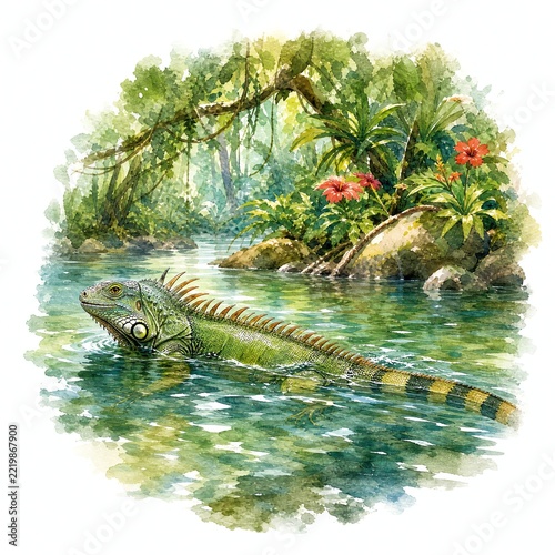 Green Iguana Swimming Across a Jungle River, Watercolor Art