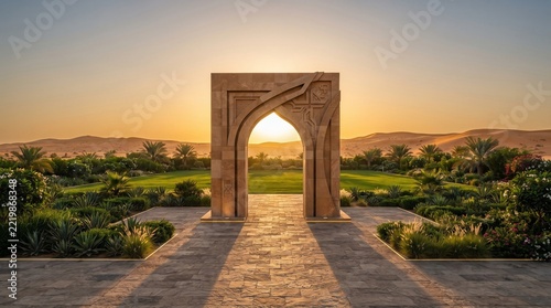 Arabic archway framing a beautiful sunrise over Liwa desert dunes