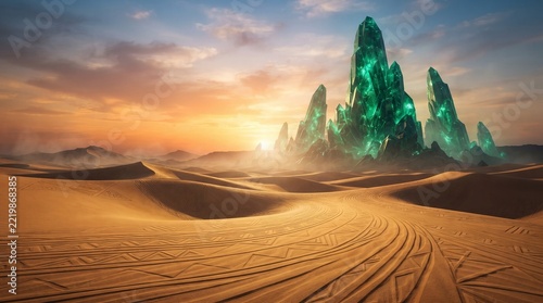 Futuristic Saudi National Day Concept Art Emerald Crystals in Sand Dunes