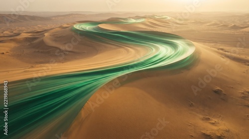 Abstract Green Silk Ribbon Winding Through Golden Desert Landscape