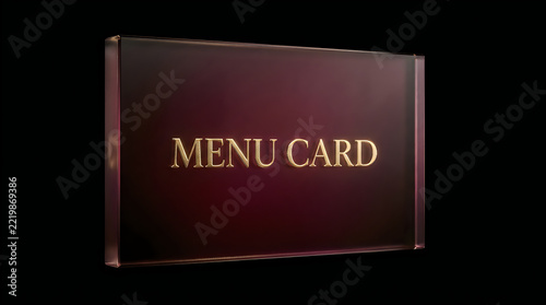 Elegant dark red glass menu card sign with gold lettering isolated on