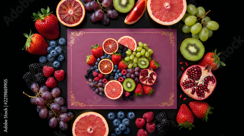 Fresh mixed berries and citrus fruits arrangement on purple menu card