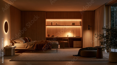 Warm tiny urban apartment bedroom with built-in storage and cozy evening light. High quality photo