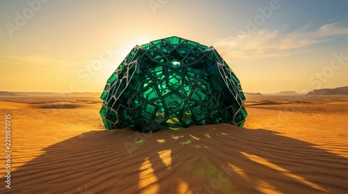 Futuristic green metallic cube installation in the middle of a vast desert