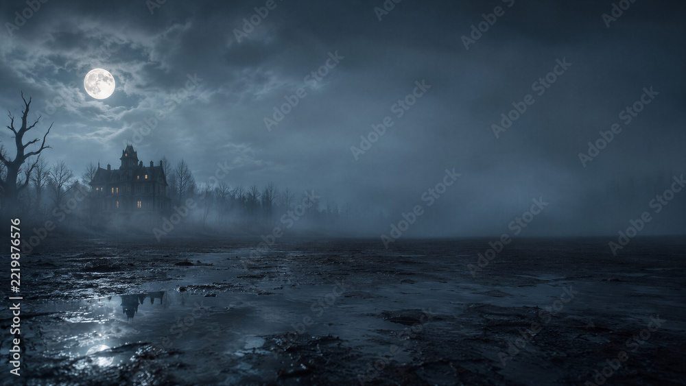 Naklejka premium Haunted house beside a moonlit shore beneath cloudy skies. Halloween horror backdrop with foggy woods and eerie mansion. Spooky season, supernatural fantasy and suspense concept. Copy space.