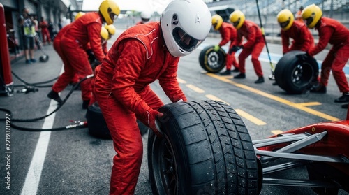 Pit crews in a Formula 1 pit lane working in action to quickly change tires