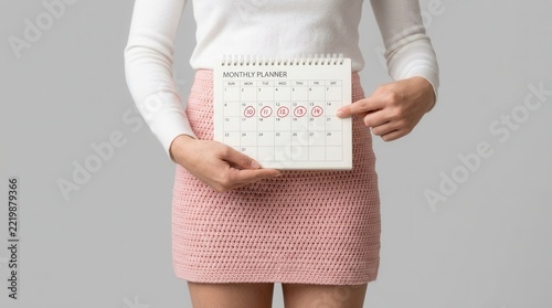 Calculating ovulation day or family planning with a female holding a period calendar with red marks.