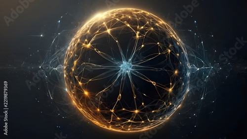 3D rendering of a glowing golden wireframe sphere network radiating energy particles against a dark space background designed with sharp details, dynamic lighting composition, clean visual