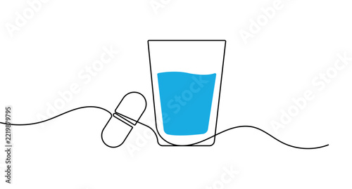 Water glass with pill continuous line art, single line healthcare and medical concept, editable stroke minimal outline vector illustration.