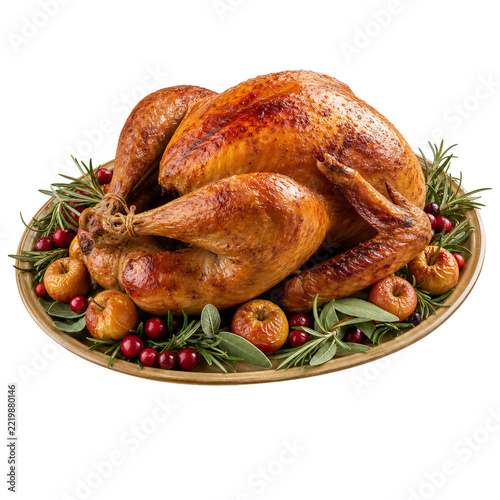 Obraz na plátně Whole roasted turkey with crispy golden skin on a rustic platter with baked appl