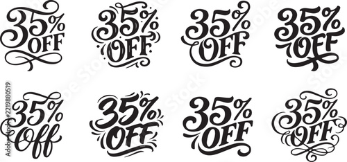 Eight unique 35 percent off sale lettering designs with decorative swirls and flourishes