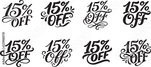 Eight unique calligraphic designs for 15 percent off sale promotions discount offer