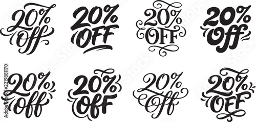 Set of eight 20 percent off sale lettering designs with varied calligraphic styles