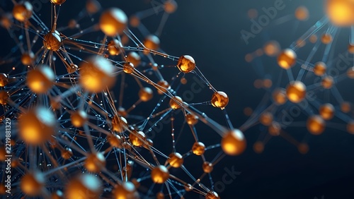 Complex molecular network concept with glowing golden spheres and blue interconnected node links on a dark background designed with sharp details, dynamic lighting composition, clean visual