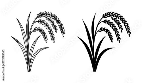 Rice Plant Vector Icon Set with Outline and Solid Black Silhouette
