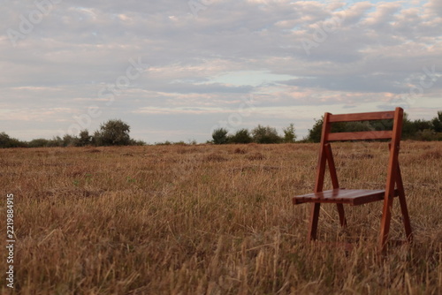 Empty folding wooden chair in a grassy field.