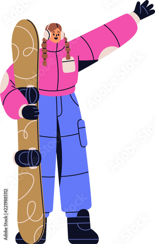 Snowboard rider, girl with snow board, winter sport equipment. Woman characte...