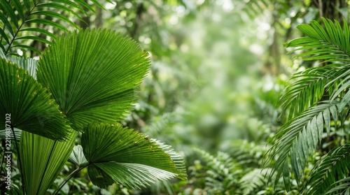 A lush tropical forest scene with vibrant green palm leaves in the foreground and a blurred background of dense foliage. Sunlight filters through the canopy, creating a dreamy, ethereal atmosphere.