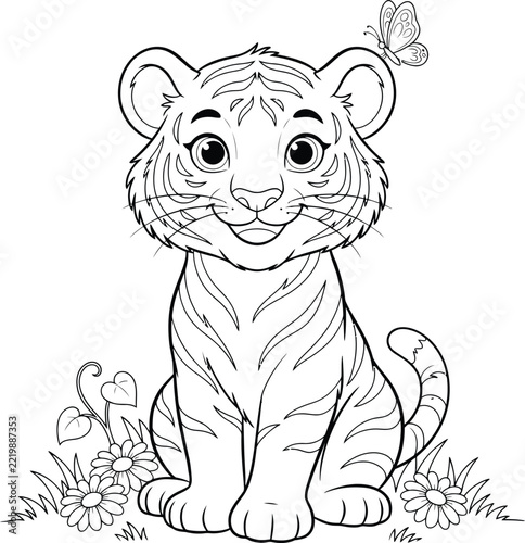 Tiger coloring page sitting baby animal with butterfly and flowers