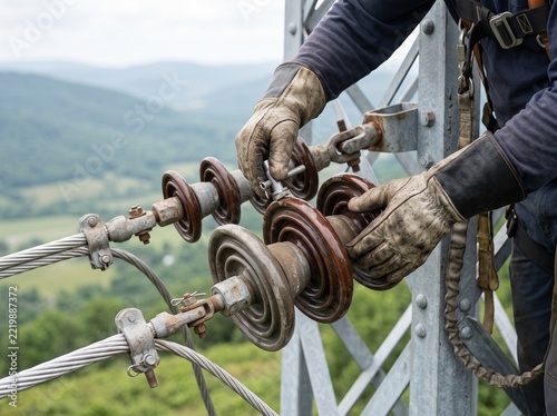 Electrician adjusting tension on overhead power line insulator with