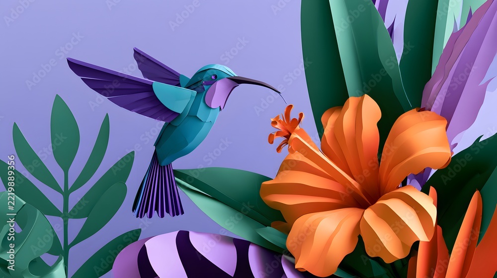 Fototapeta premium Papercraft hummingbird sipping nectar from orange hibiscus flower
