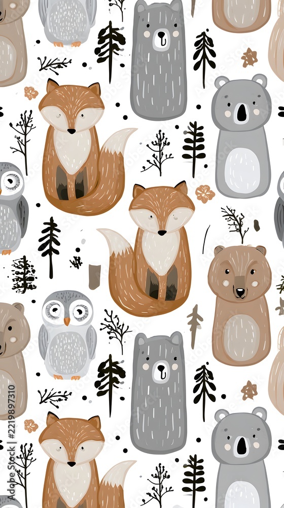 Fototapeta premium Hand drawn woodland animals pattern with fox bear and owl