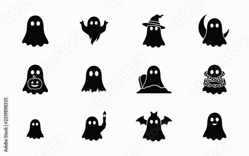 Halloween ghost icons set in black silhouette with various expressions accessories, accessories white