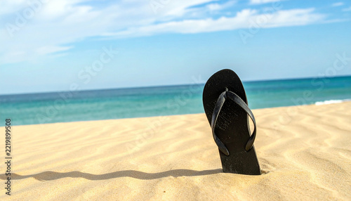 A black flip flop standing upright in the sand on a beach. Ai