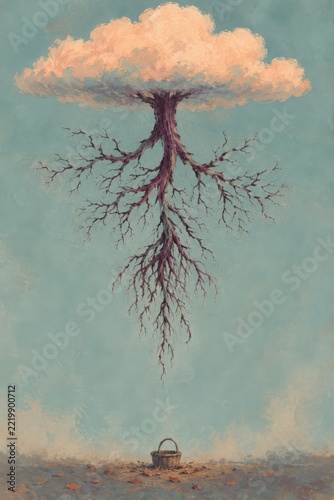 Surreal orchard tree growing downward from a peach cloud toward a lost basket