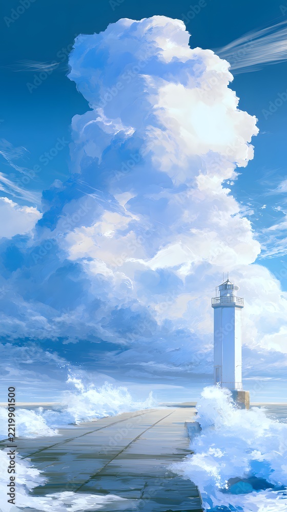 Fototapeta premium White lighthouse at end of long pier with crashing ocean waves