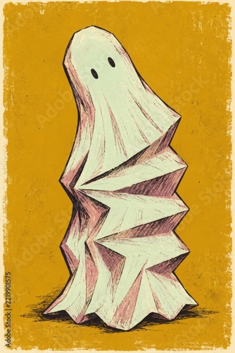 Pleated mint ghost with a gently tilted head, printed in dusty rose and mustard